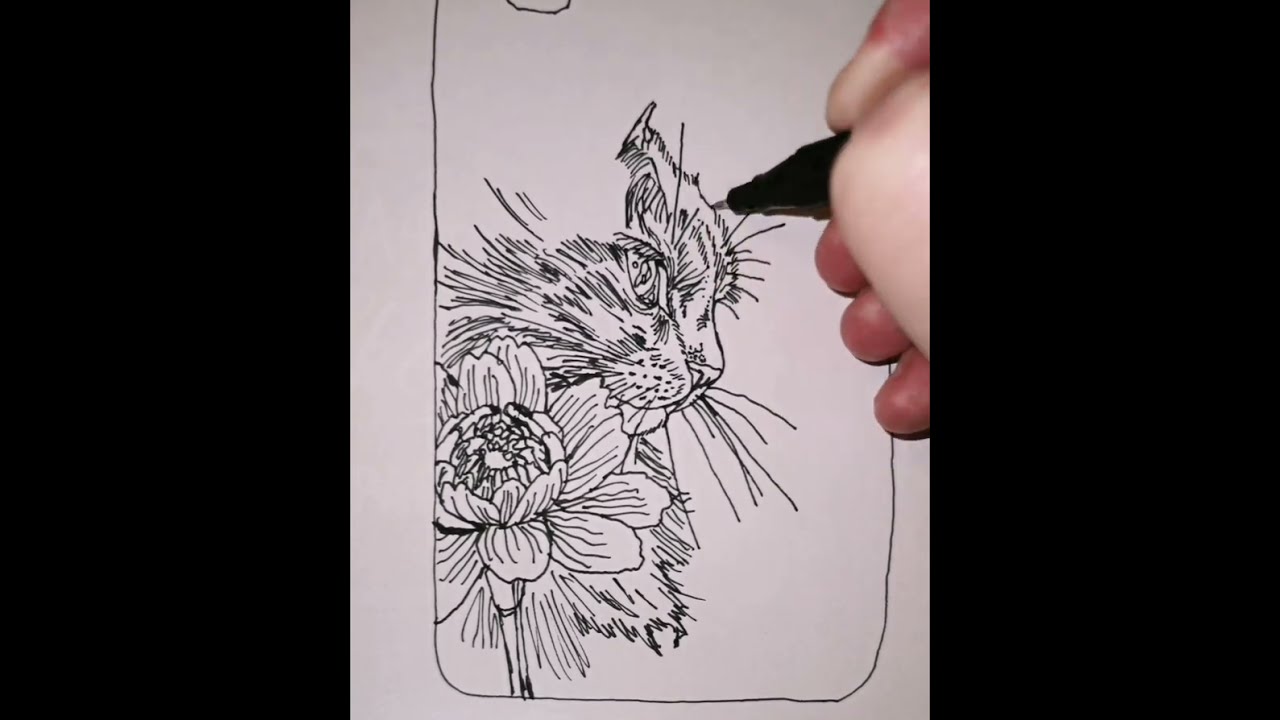 Handyhülle cover auf Papier #drawing Zeichnung Fineliner und Buntstifte Katze 🌺 #cat #flower 