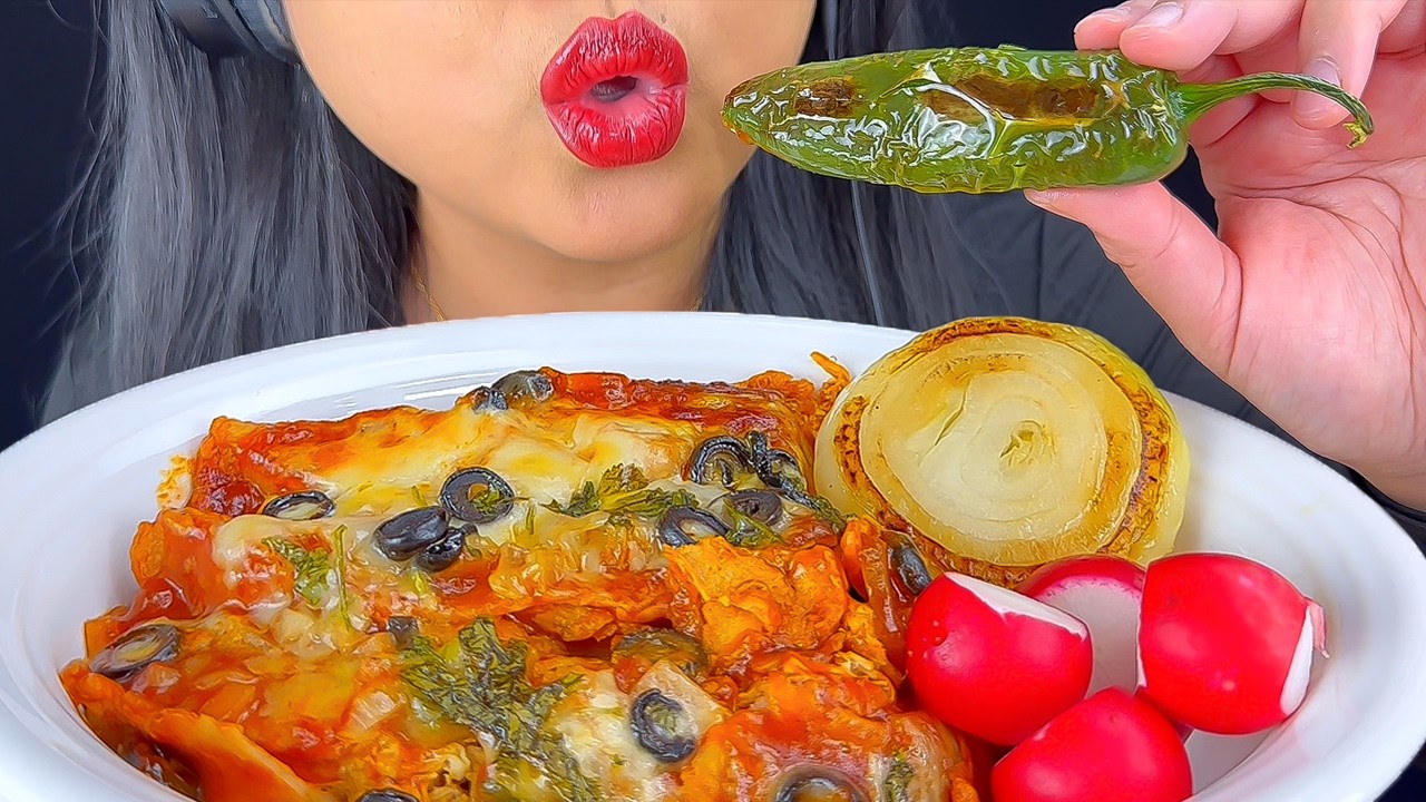 ASMR Enchiladas with Red Sauce, Grilled Onions, Jalapeño and Radishes | Eating Sounds | Mukbang