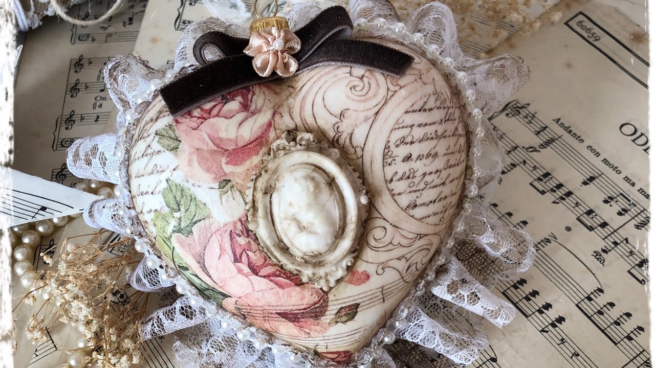 DIY TUTORIAL decoupage vintage Bauble heart - bombka shabby chic - christmas decoration #decoupage