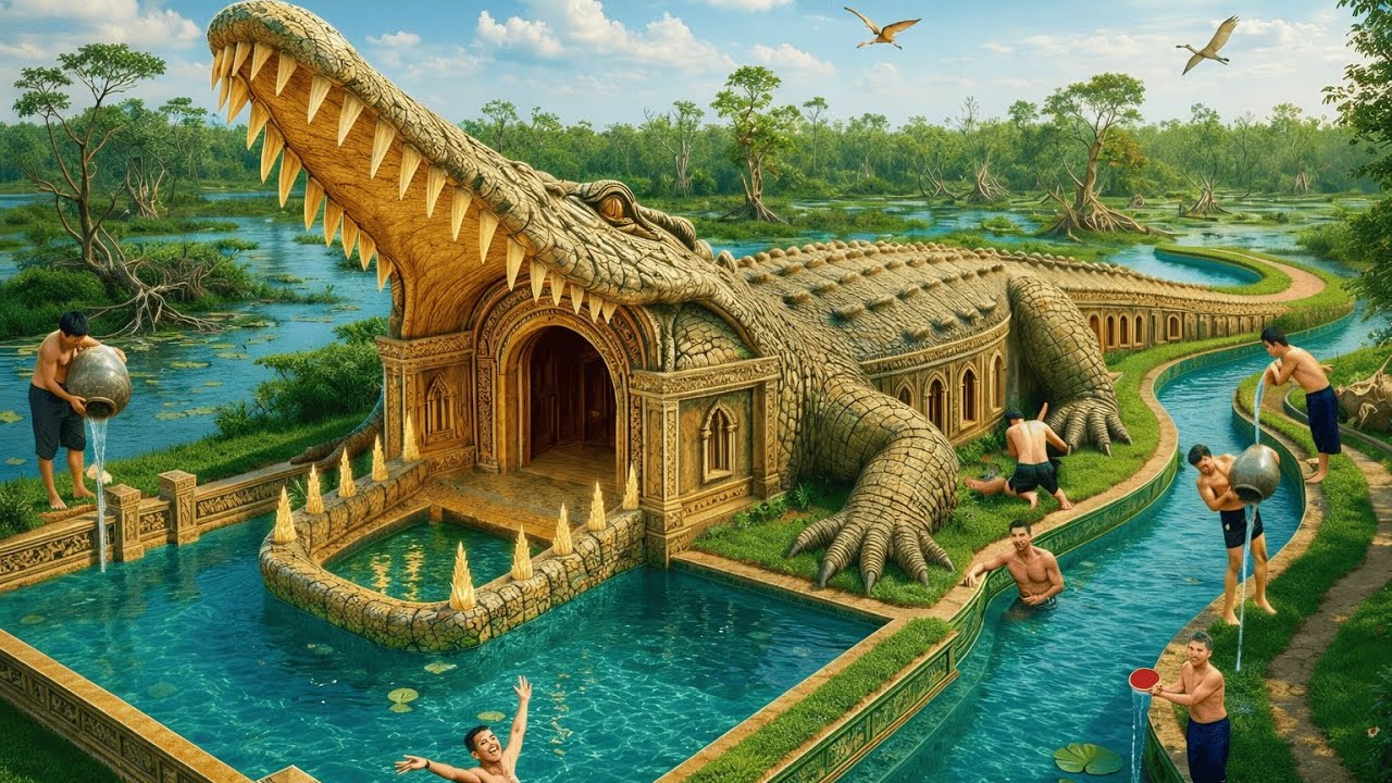 200 Days Building an Underground Crocodile - Shaped Pool with a Slide System Using Primitive Tools