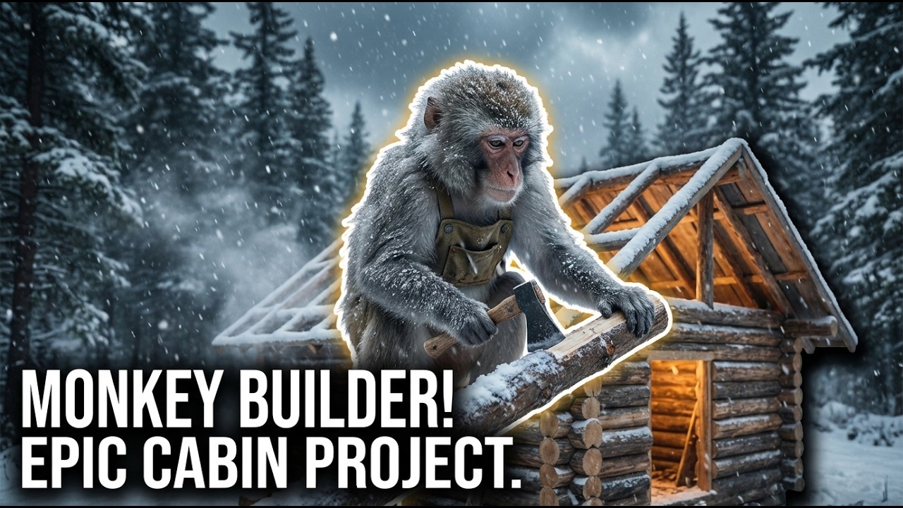 Monkey Builds Wooden Cabin in Snow – Survival in Freezing Winter!
