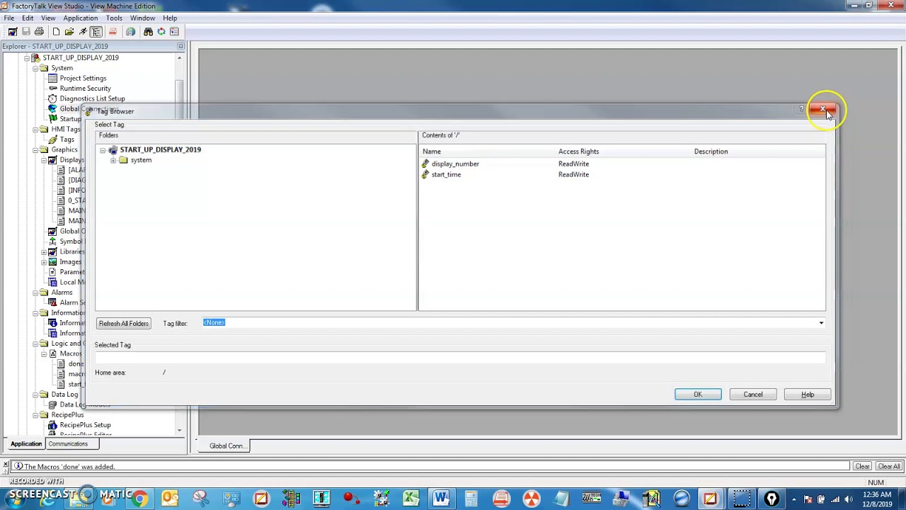 Allen Bradley FactoryTalk View Studio Start-Up Display Setup - Macro - Memory Tags