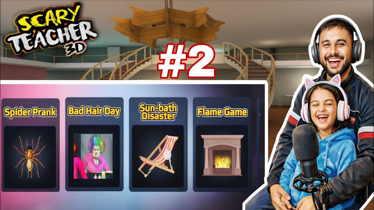 Scary teacher 3D | Level 1 part 2 | Spider prank | Bad hair day | Sun-bath Disaster | Flame Game