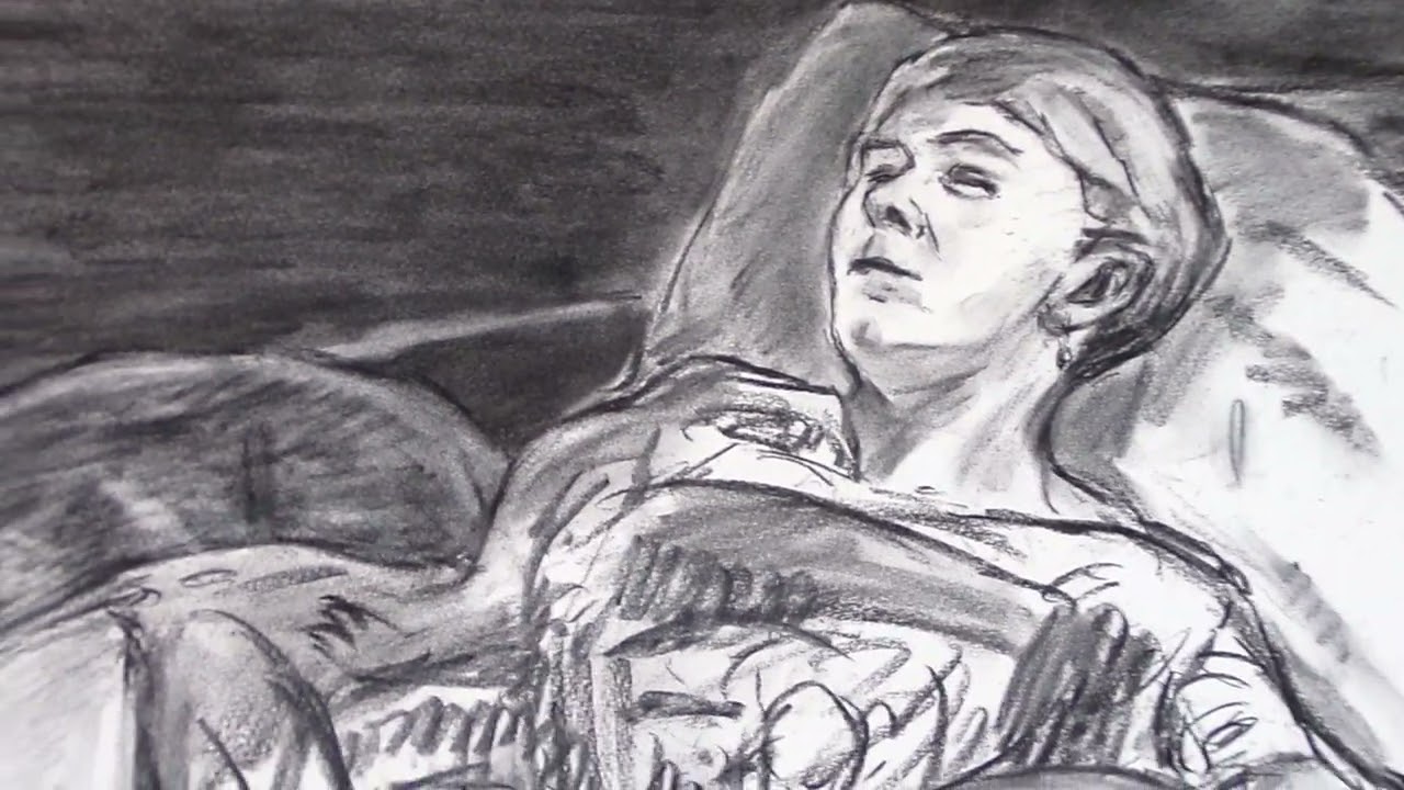 Charcoal drawing of a woman lying next to two whippet dogs sleeping, drawn from life dibujo