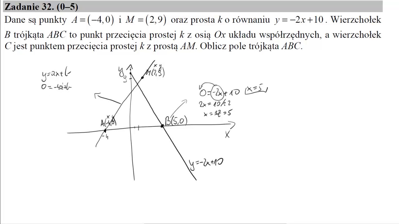Matura maj 2017 zadanie 32 Dane są punkty A=(−4,0) i M=(2,9) oraz prosta k o równaniu y=−2x+10.
