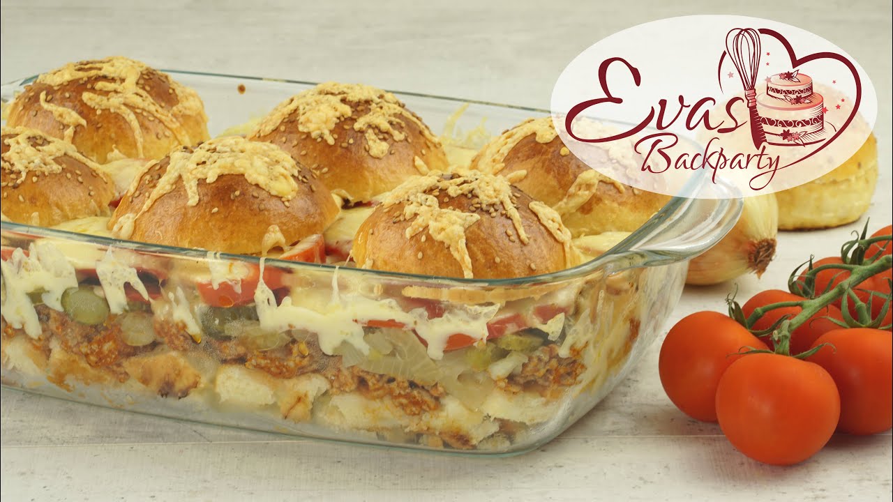 Burger-Auflauf, Burger mal anders / überbackende Hamburger / Sesam Buns / Backen evasbackparty