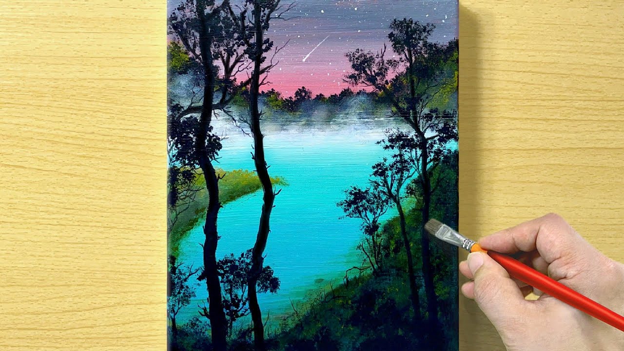 Acrylic Landscape Painting / Misty Lake / STEP by STEP #289