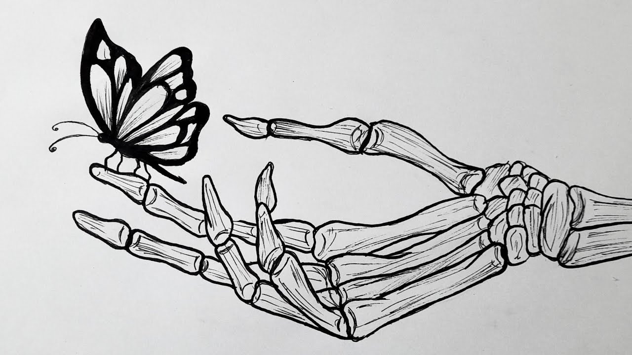 How to draw a skeleton hand with butterfly || Skeleton drawing