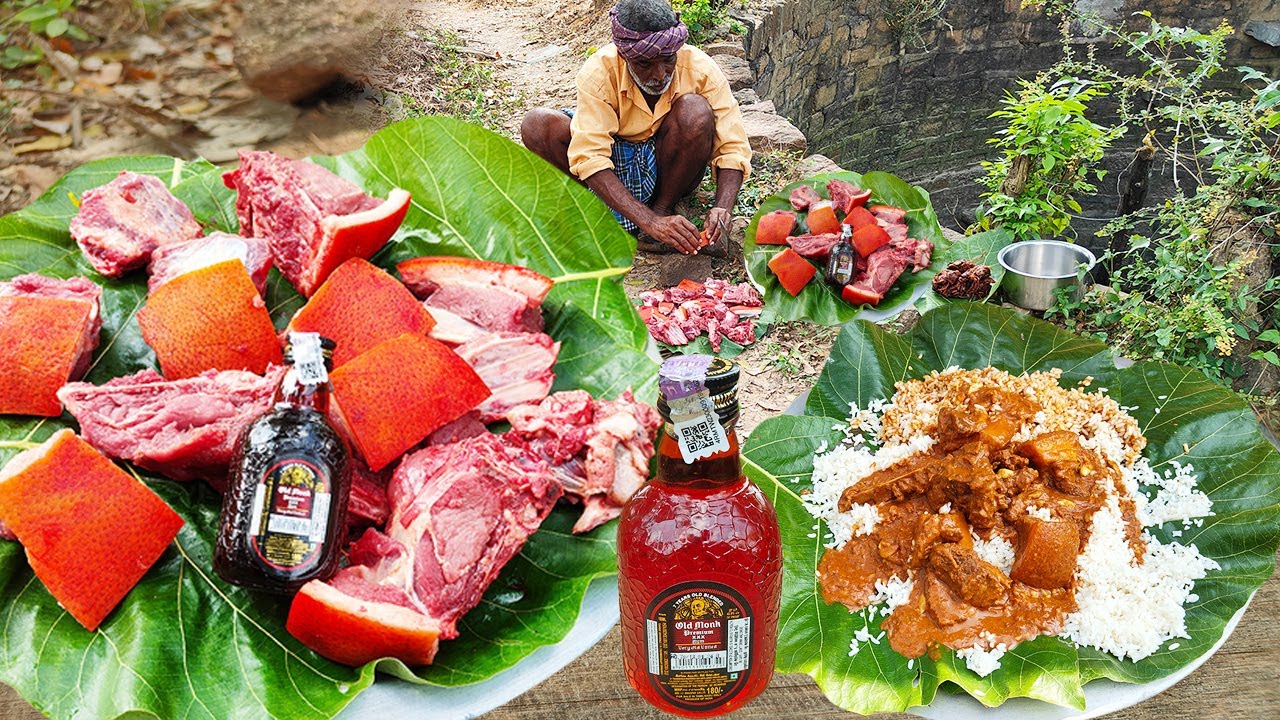 ASMR=BIG SIZE PORK - Old MONK Drink = Village Style EATING & COOKING Natural FOOD