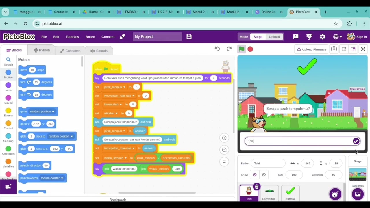 Program Menghitung Waktu Tempuh Perjalanan Menggunakan Pictoblox