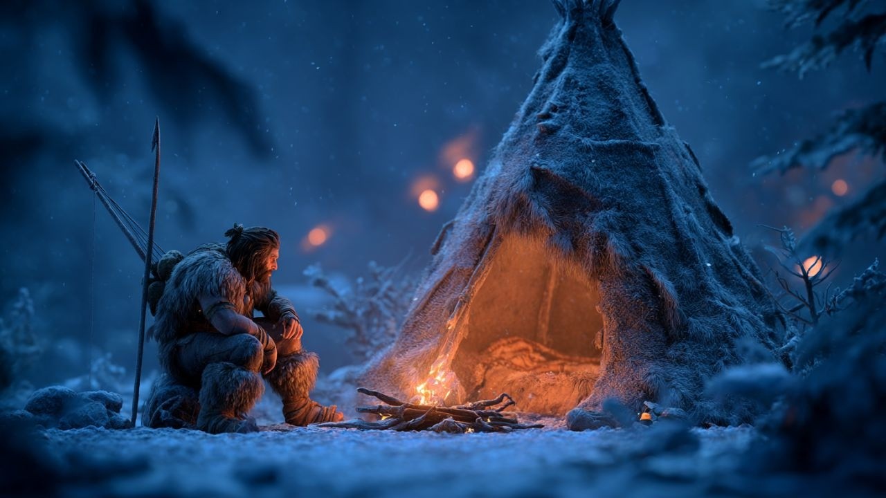 Peaceful Medieval Music - Cozy Campfire Music & Nature Sounds | Falling Snow & Crackling Fire Sounds