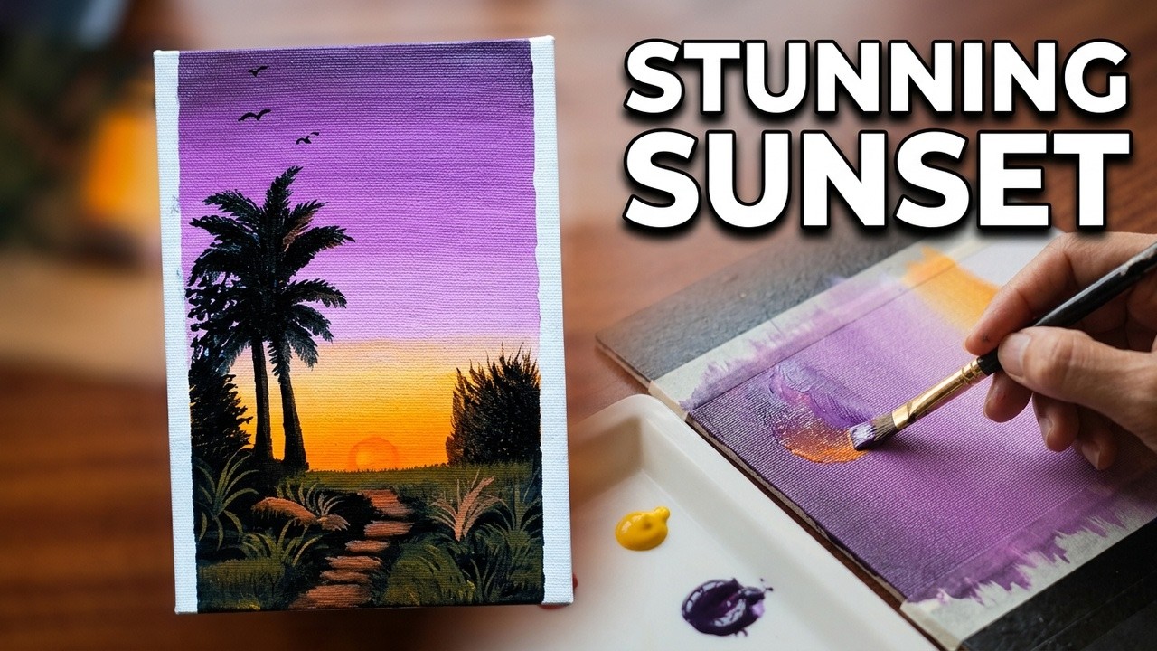 Stunning Sunset Acrylic Painting Tutorial for Beginners | Stunning Purple Orange Sky