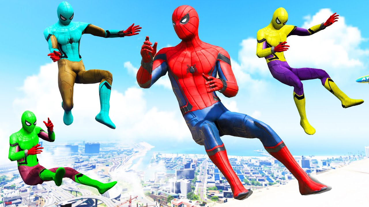 GTA 5 Rainbow Spiderman Jumping off Highest Buildings (Euphoria Physics/Ragdolls) #11