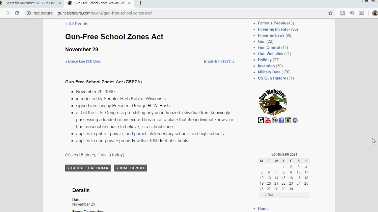 Gun Free School Zones Act - November 29, 1990- GunCalendars.com