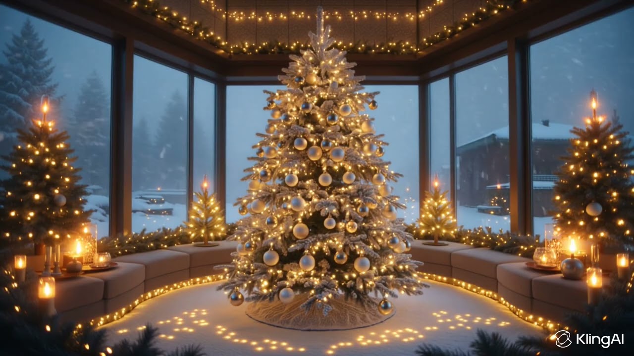 Elegant Christmas Evening Room 🎄 Warm Lights, Falling Snow & Cozy Cinematic Ambience