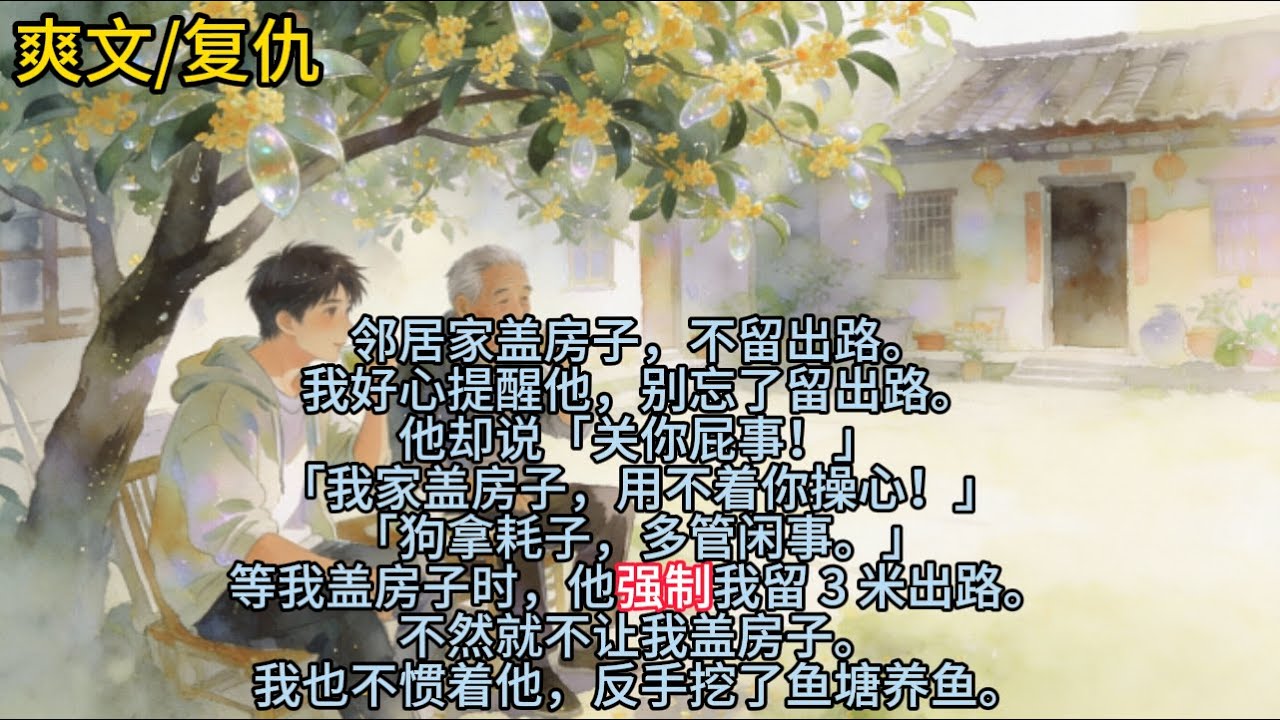 邻居家盖房子，不留出路。我好心提醒他，别忘了留出路。他却说……#小说 #已完结 #一更到底 #爽文 #复仇