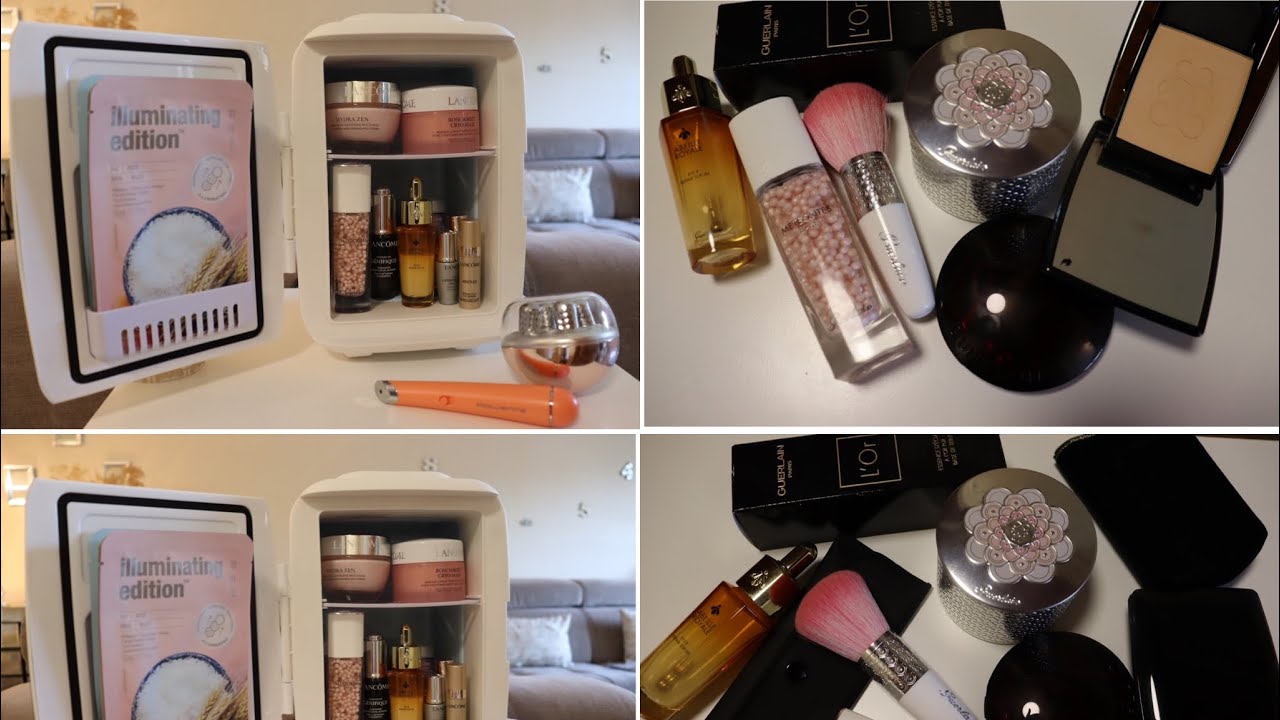 تلاجة صغيرة للحفاظ على منتجات التجميل مع مجموعة من مستحضرات المكياج من #guerlain#