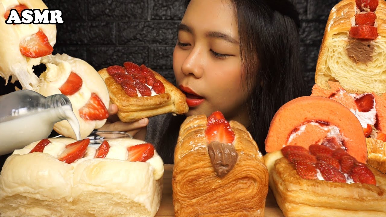 ASMR Fresh Strawberry Desserts 🍓 (Roll CAKE,MILK Cream Bun,Chocolate Danish PASTRY) | Eating Sounds