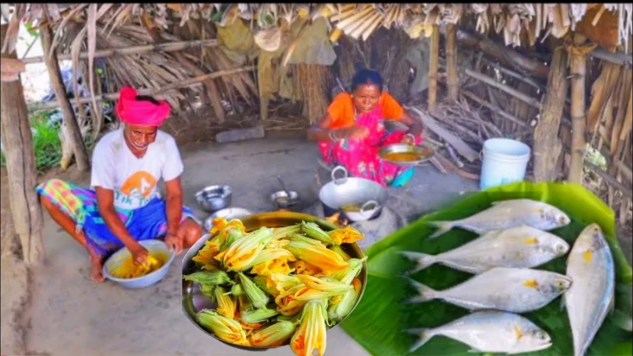 TUNA FISH CURRY RECIPE and PUMPKIN FLOWER RECIPE | cooking and eating by santali tribe old couple