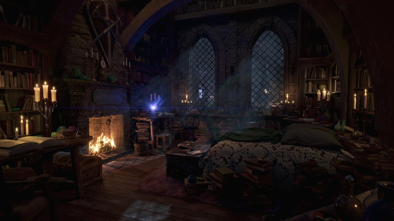 Crackling Fireplace And Thunderstorm Sounds | Fantasy Bedroom Ambience | Medieval Tower