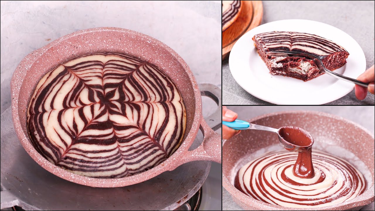 MARBLE CAKE IN FRY PAN | NO EGG, NO OVEN | EASY VANILLA & CHOCOLATE CAKE RECIPE | MARBLE CAKE RECIPE