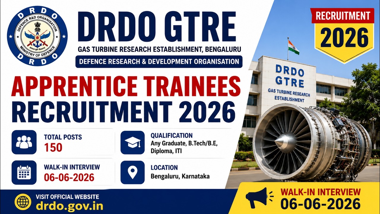 DRDO GTRE Apprentice Trainees Recruitment 2026 &ndash; Walk in for 150 Posts  #apprenticeship