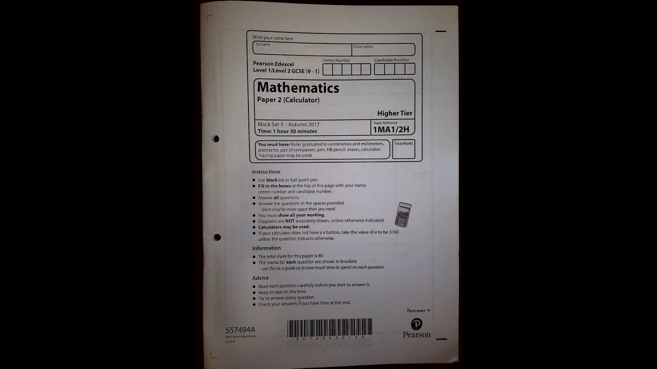 Edexcel Mock set 3 (2016) Paper 2 Higher Calculator