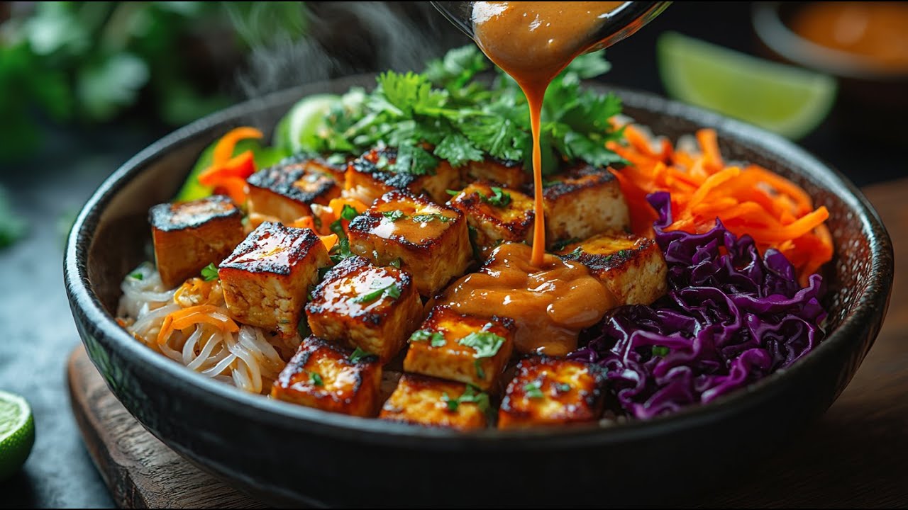 🥢 Vegan Rice Noodle Bowl With Tofu & Creamy Peanut-Coconut Sauce