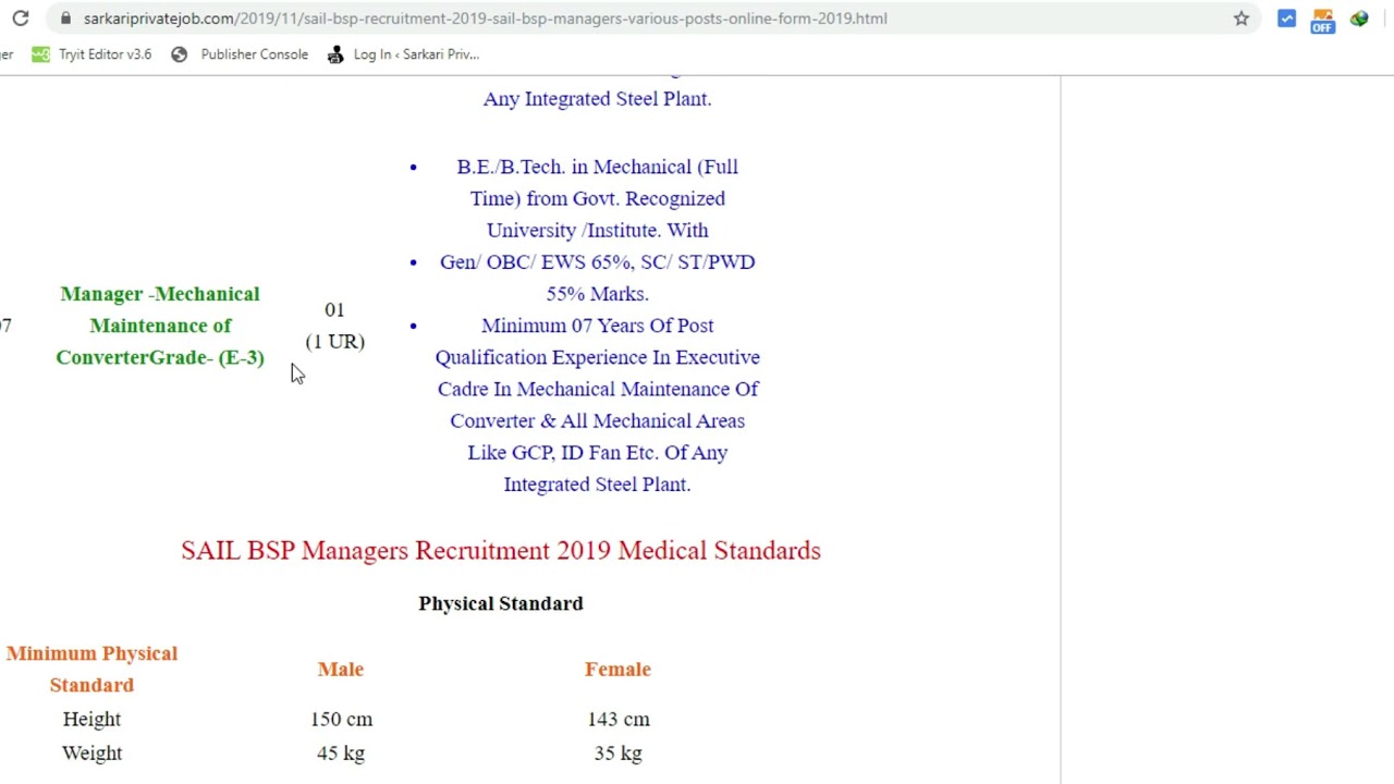 SAIL BSP Recruitment 2019 | How to Apply SAIL BSP  Various  Managers Posts Online form 2019