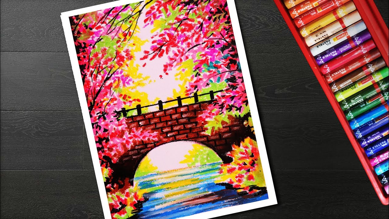 How to draw spring season landscape scenery drawing step by step with oil pastel