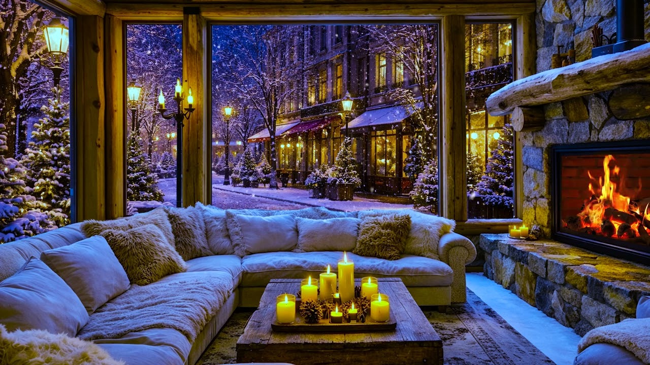 Snowy Winter Window ❄️ Cozy Sofa & Soft Jazz Music | Relaxing Winter Ambience