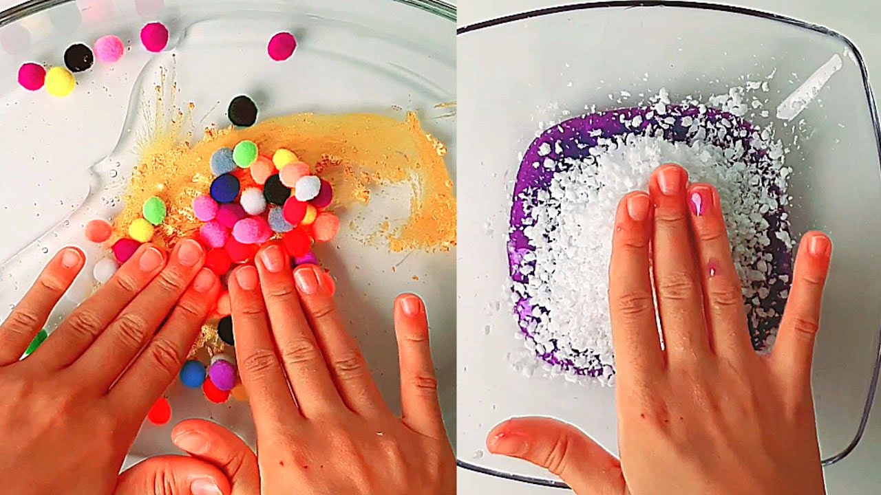 Mixing ASMR slimes Snow into clear Slime Pigment and glitters into slime Sofi Magic Slime
