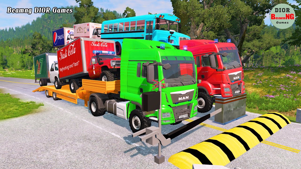 Double Flatbed Trailer Truck vs speed bumps|Busses vs speed bumps|Beamng Drive|1259