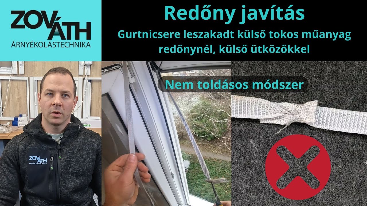 Redőny javítás: Gurtnicsere leszakadt külső tokos műanyag redőnynél, külső ütközőkkel