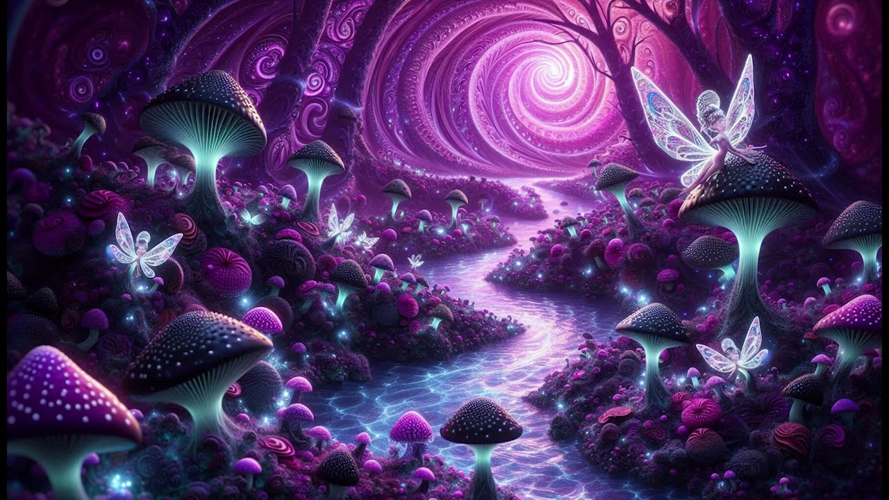 Purple Mushroom Fractal Spiral Wallpaper / Background with Cafe Music