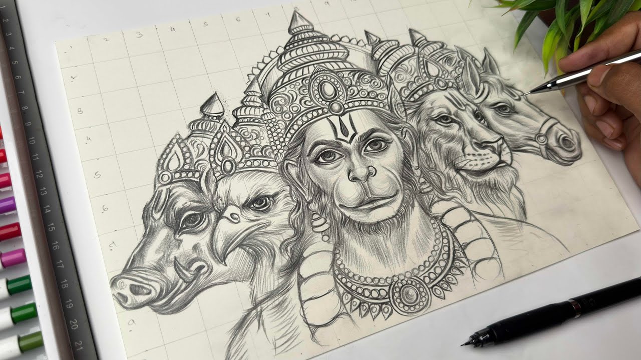 How to Draw Panchamukhi Hanuman 🔥 Hanuman Jayanti Drawing, Outline Tutorial