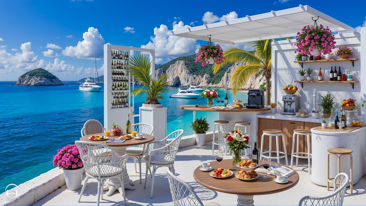 Happy Morning Jazz at Seaside Coffee Shop Ambience 🌊 Summer Bossa Nova Music & Ocean Waves for Relax