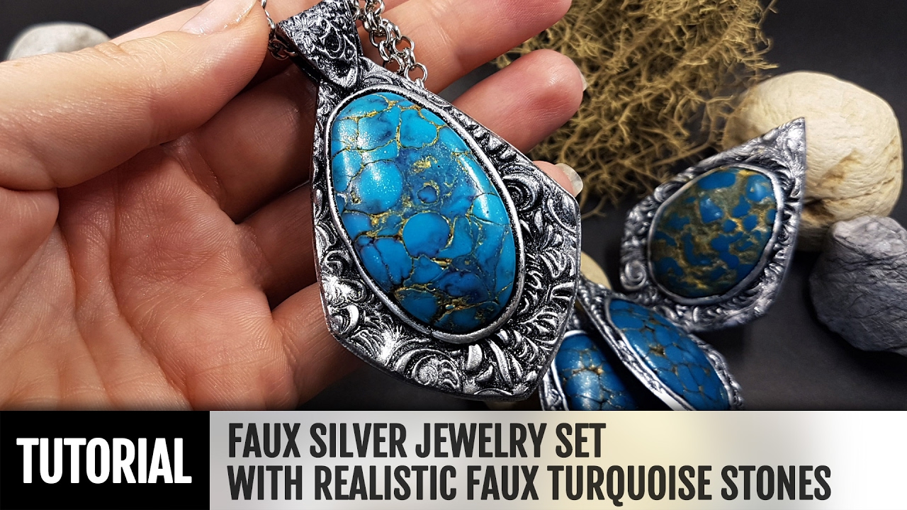 DIY How to make Faux Silver Jewelry with realistic faux Turquoise stones. Polymer clay Jewelry.