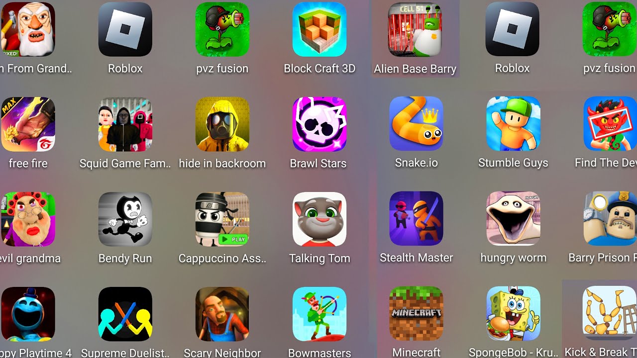 Roblox,Alien Base Barry,Hide In The Backroom,Poppy Playtime 4,Stumble Guys,Evil Grandma,Free Fire...