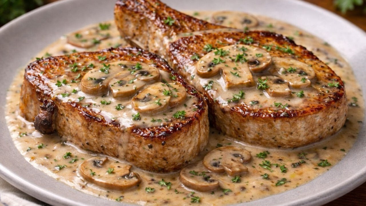 It's really simple pork recipe! Pork steaks in creamy sauce with mushrooms.