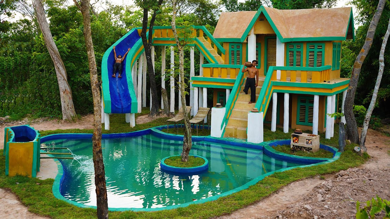 Build a Luxury Temple House And Water Slide Into Underground Swimming Pool, Water Park ,Cooking