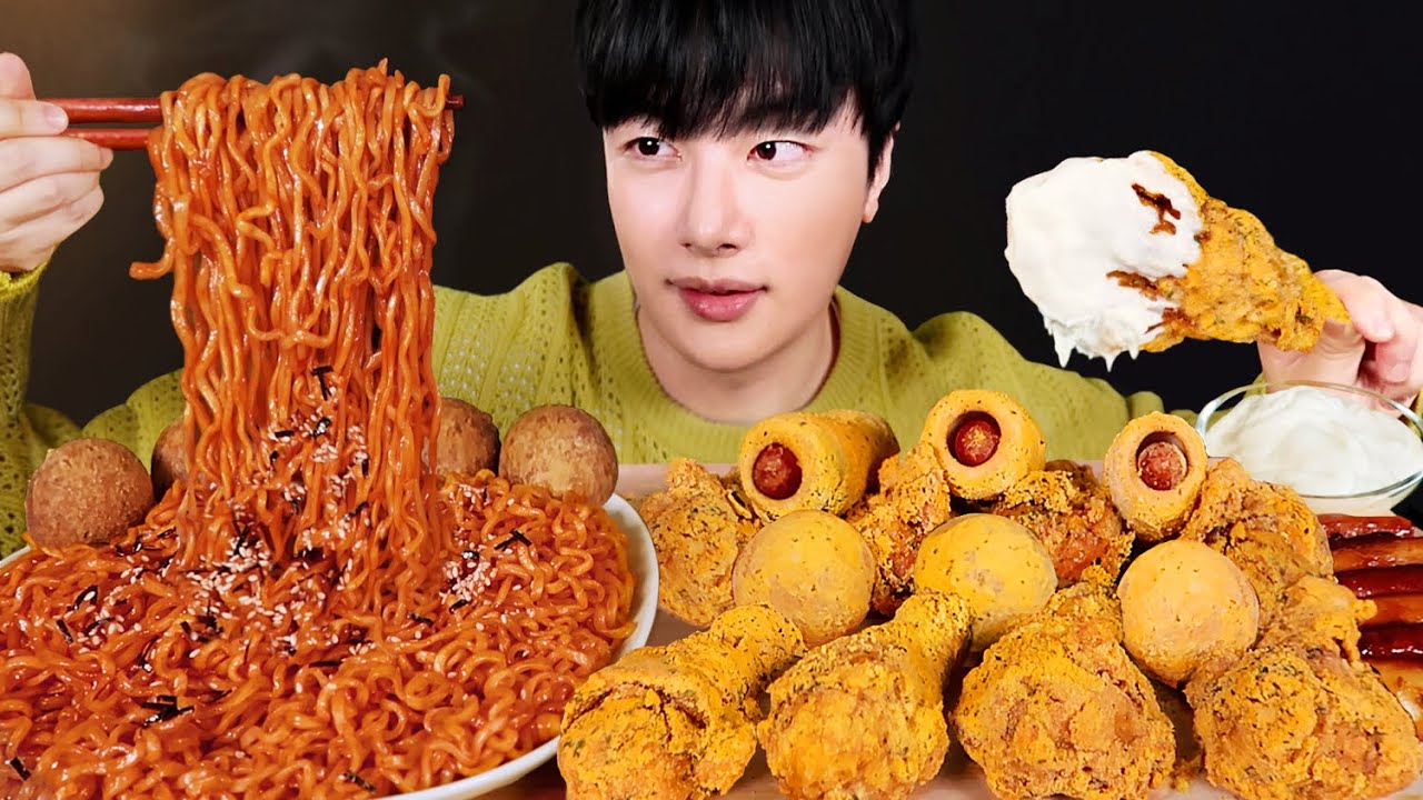 Острая огненная курица Лапша и курица BHC Bburinkle Mukbang asmr🔥✨(ft. Cheeseballs, Corndog)