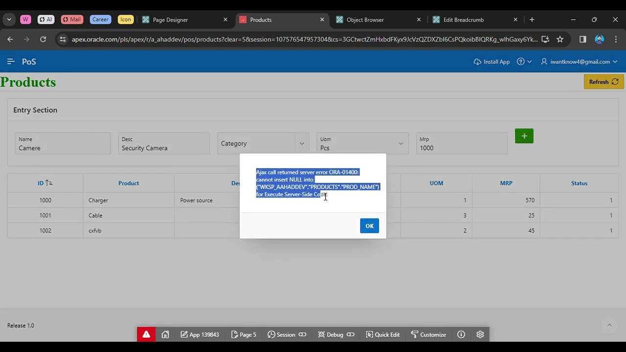 Ajax Error ORA-01400: cannot insert NULL into solving process in ORACLE APEX