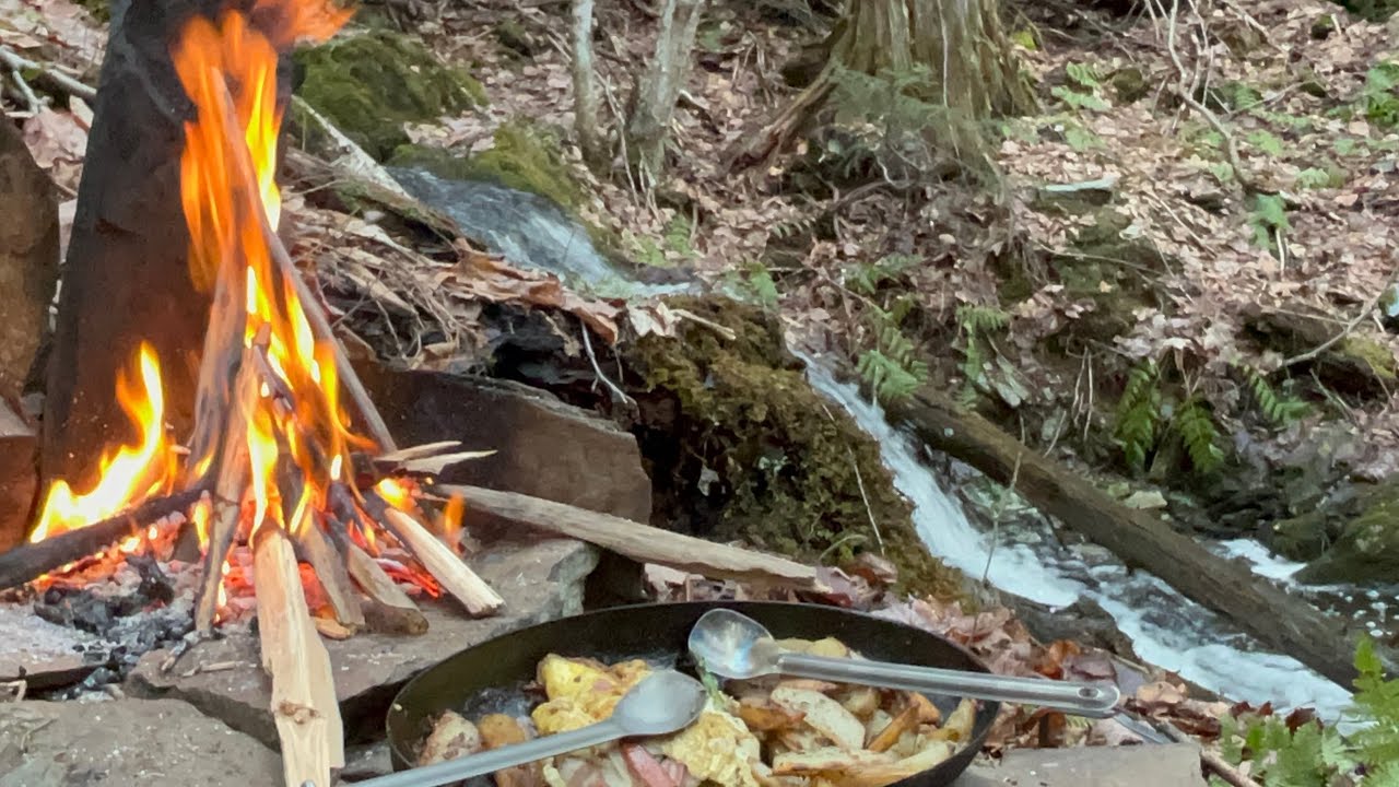 Campfire Omelette by a Waterfall at Winter's End