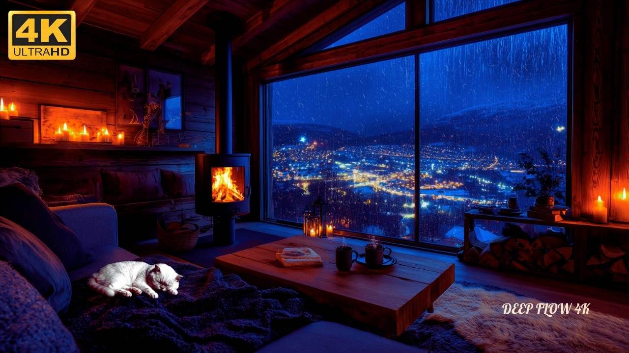 Rainy City Night for Deep Focus | Fireplace & Thunder Outside
