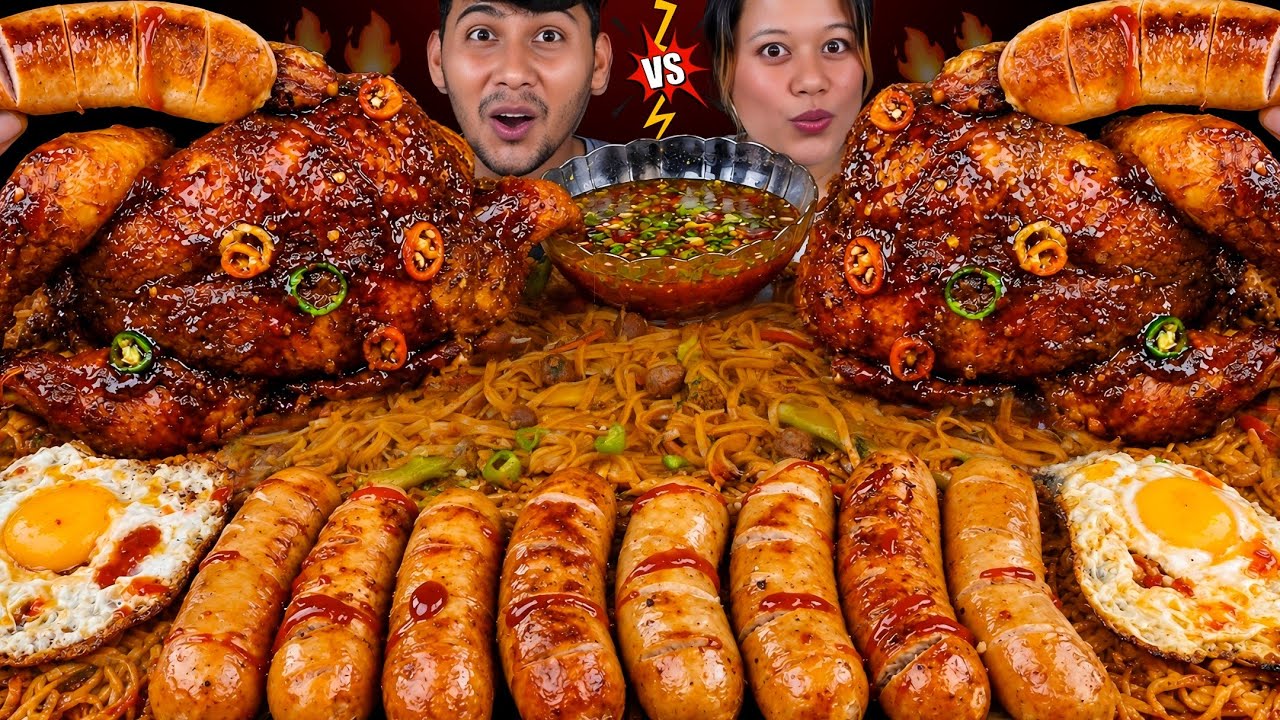 2 WHOLE CHICKENS EATING CHALLENGE WITH CHILLI PUNISHMENT 🔥 | BIG SAUSAGES, RICE NOODLES,EGGS MUKBANG