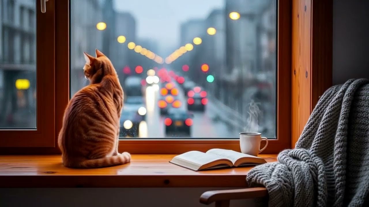 🌧️ Rain on Window at Night 🌧️ Cozy Cat & City Lights | 10 Hours Rain Sounds for Deep Sleep