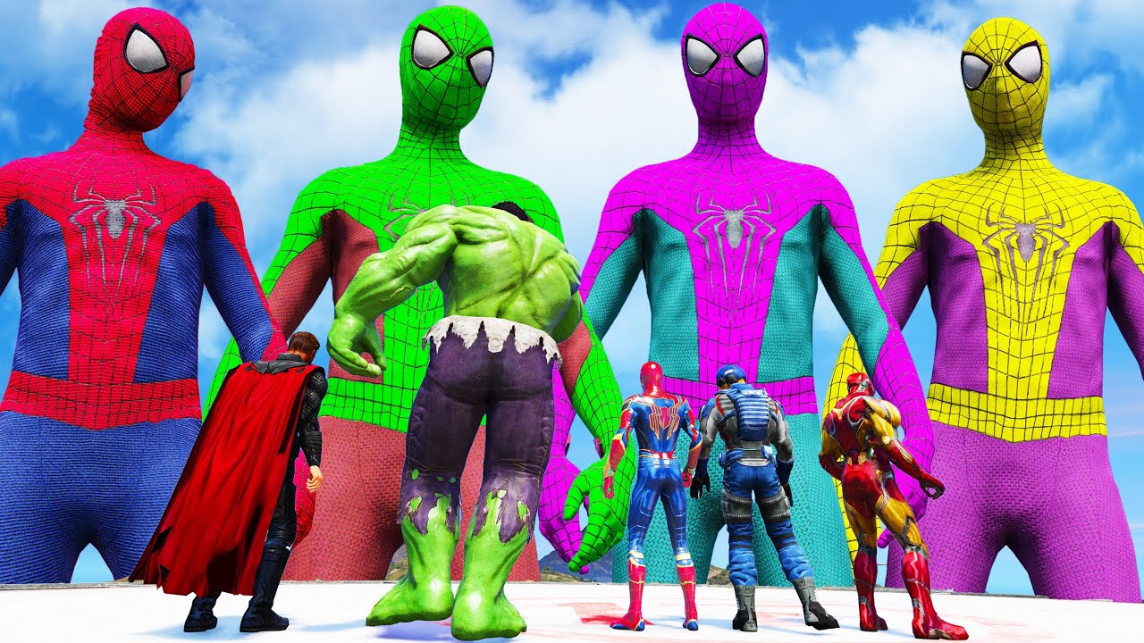 The Avengers & Iron Spider Man & Hulk VS Giant Colors Spiderman Army - Monster Universe