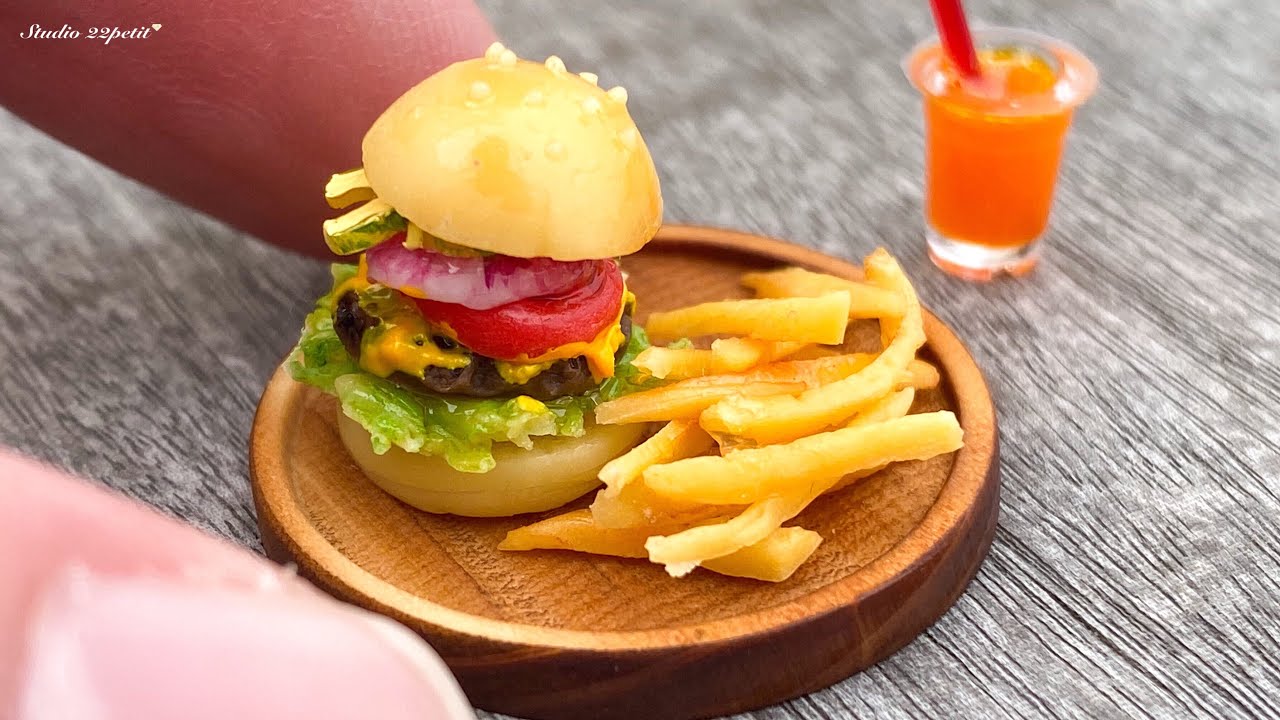 樹脂粘土で作るハンバーガとフライドポテトのミニチュア DIY Miniature Hamburger and french fries/air dry clay/fakefood