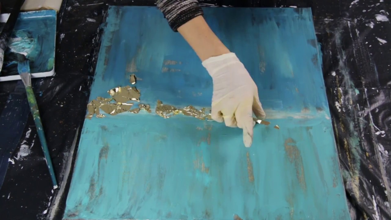 Abstraktes Acrylbild/ Blue Ocean/Gold Leaf / Acrylics /Demonstration